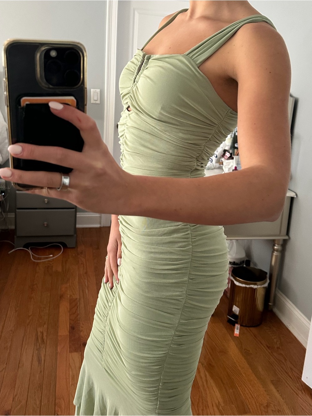 Ruched Sage Green Women's Dress - Elegant Sleeveless Midi